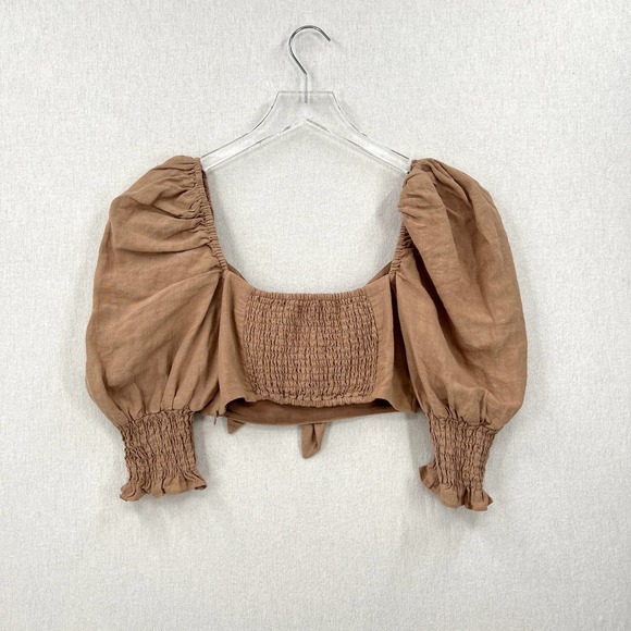 MAJORELLE Conway Top Shirt Womens XS Brown Linen Puff Sleeve Tie Front Crop - Picture 3 of 8